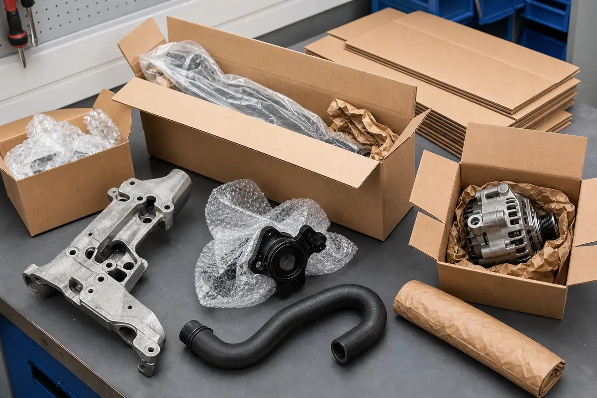 Auto repair parts and packing materials arranged with shipping boxes on a workbench