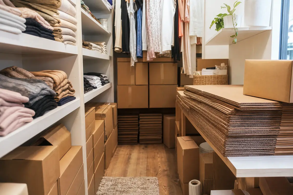 Cramped boutique storage area with apparel, shipping boxes, and flat corrugated sheets