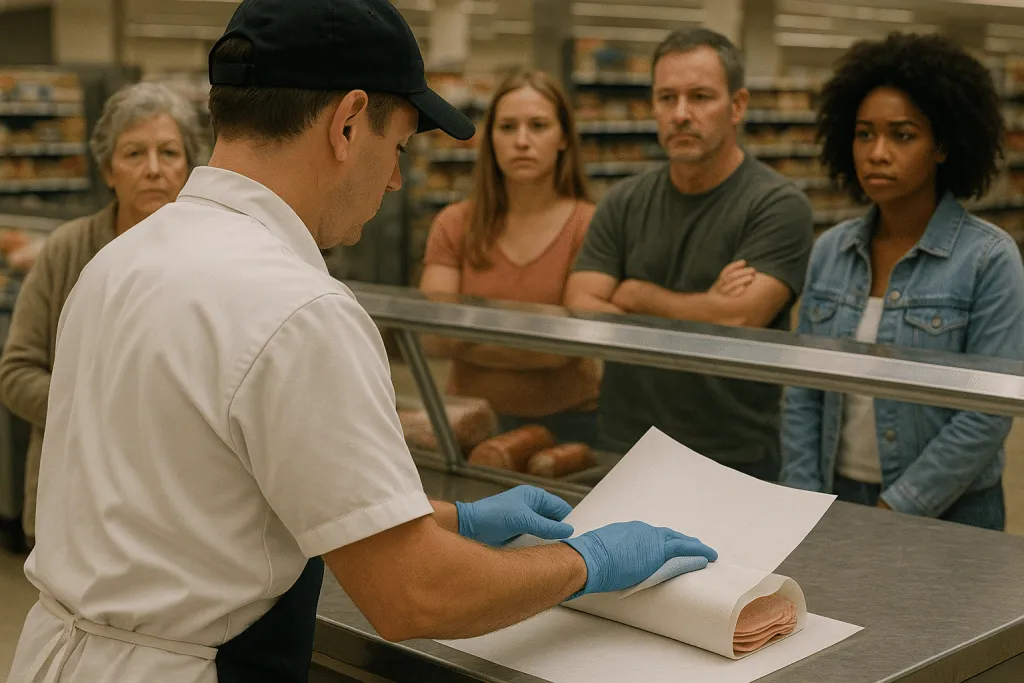 Supermarket employee wrapping cold cuts in butcher paper at a deli counter