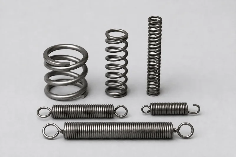 Compression and extension springs with different coil spacing and end shapes