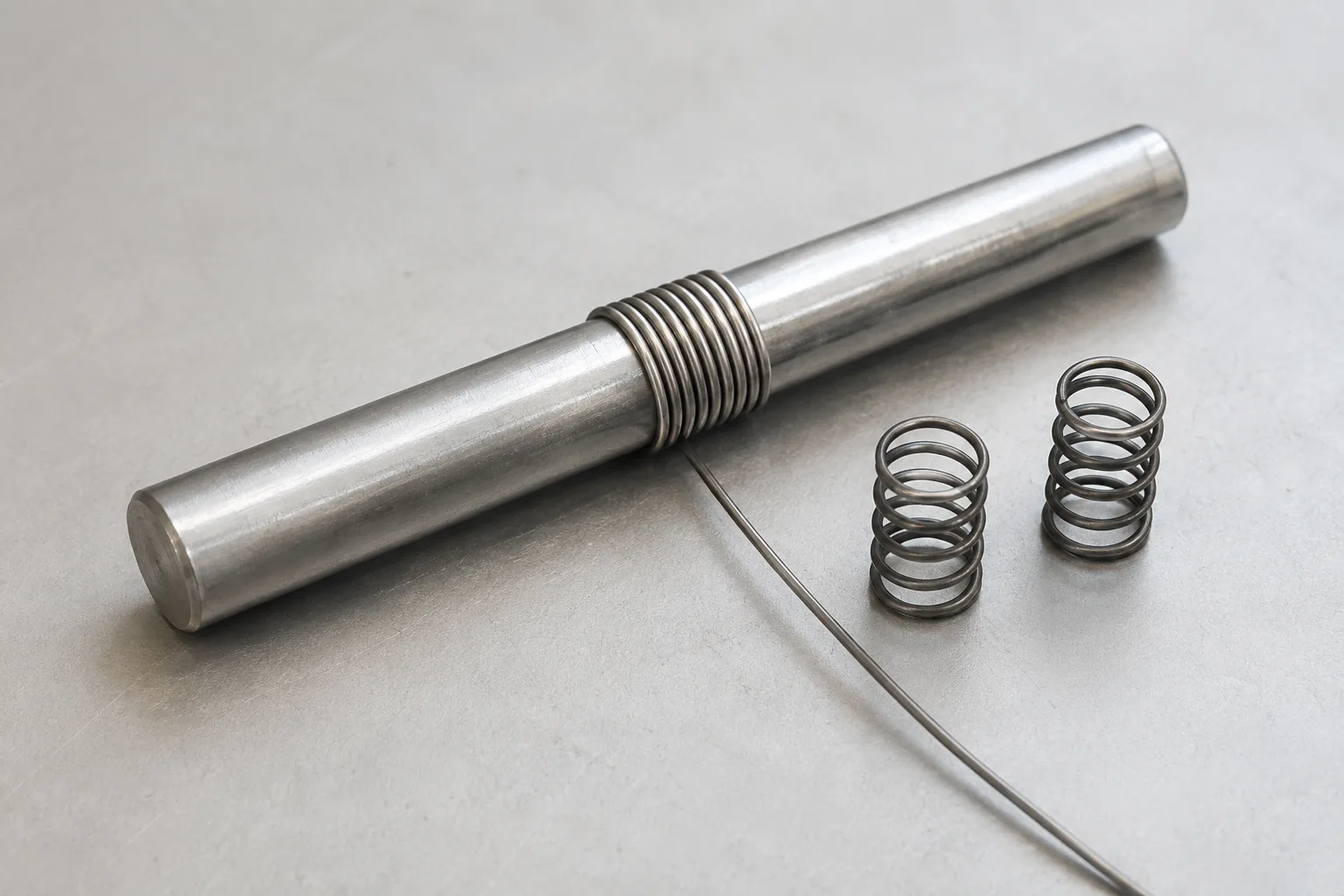 Partially wound helical spring on a steel mandrel with two finished springs beside it