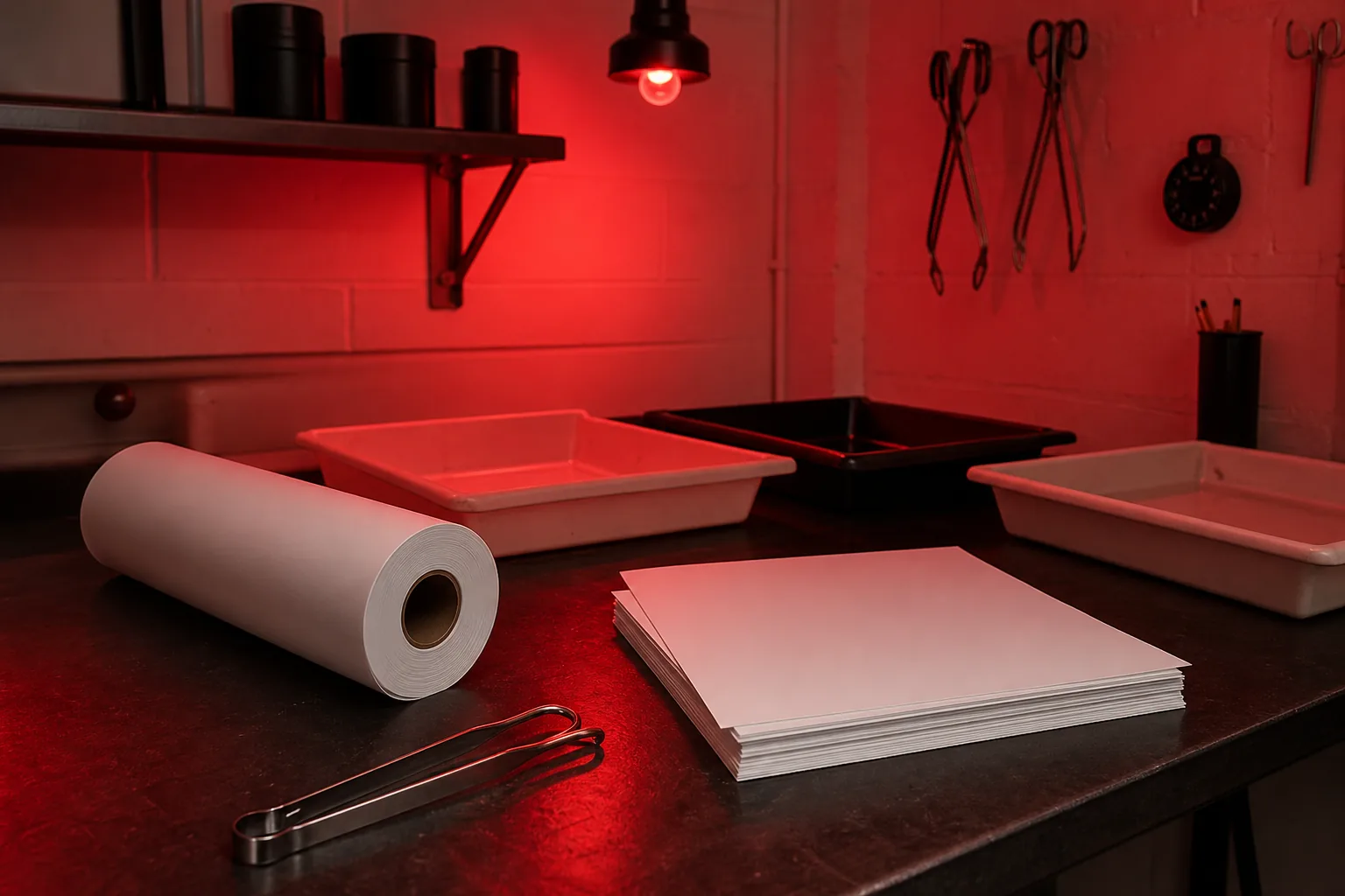 Photographic darkroom workbench with roll paper and stacked cut sheets