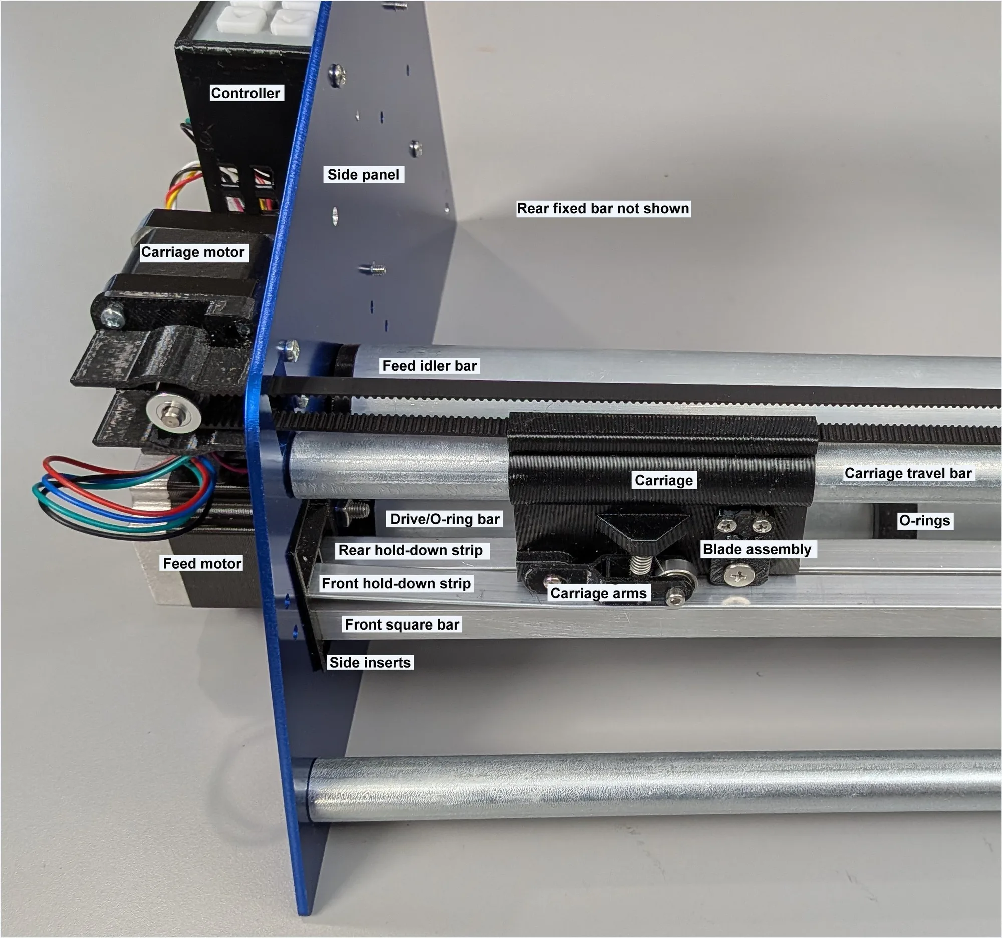Left half of the roll cutter with labeled bars, strips, carriage, controller, and motor parts