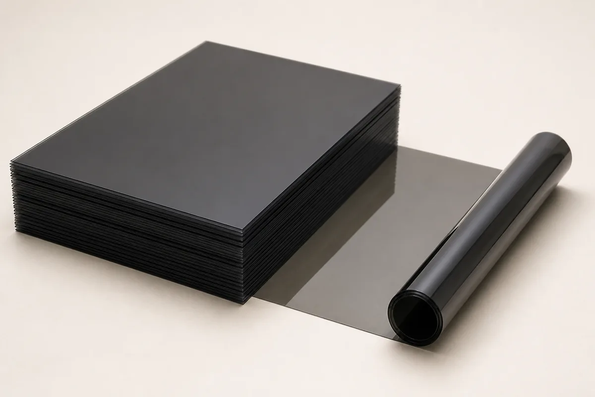 Stack of rectangular window tint film sheets beside a film roll